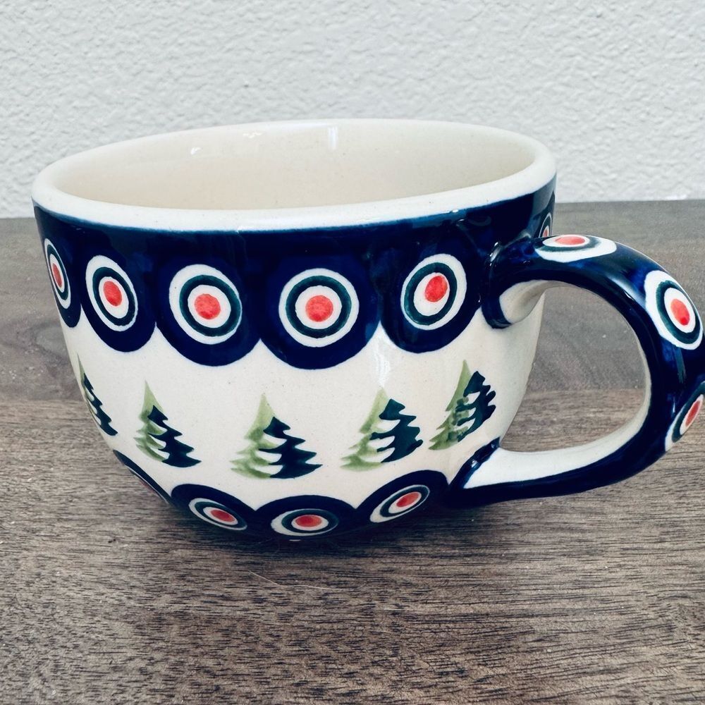 Polish Pottery Boleslawiec Christmas Peacock Circles Holiday Ceramic Mug Cup
